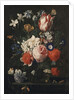 A rose, a tulip, morning glory and other flowers in a glass vase on a stone ledge, 1671 by Nicholaes van Verendael