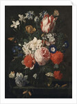 A rose, a tulip, morning glory and other flowers in a glass vase on a stone ledge, 1671 by Nicholaes van Verendael
