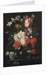 A rose, a tulip, morning glory and other flowers in a glass vase on a stone ledge, 1671 by Nicholaes van Verendael