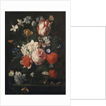 A rose, a tulip, morning glory and other flowers in a glass vase on a stone ledge, 1671 by Nicholaes van Verendael