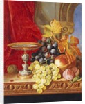 Grapes and a peach with a tazza on a table at a window by Edward Ladell