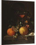 A Lemon, an Orange, Grapes, an Oyster, and a Glass of Wine on a Ledge by Cornelis de Heem