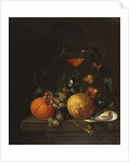 A Lemon, an Orange, Grapes, an Oyster, and a Glass of Wine on a Ledge by Cornelis de Heem