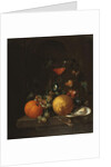 A Lemon, an Orange, Grapes, an Oyster, and a Glass of Wine on a Ledge by Cornelis de Heem