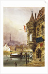 A figure beside a building, Ghent, with barges on the River Leye beyond, 1833 by Thomas Shotter Boys