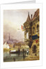 A figure beside a building, Ghent, with barges on the River Leye beyond, 1833 by Thomas Shotter Boys