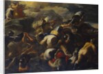 The Battle between the Israelites and the Amalekites, Aaron and Hur supporting Moses' arms on a hilltop beyond by Luca Giordano
