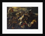 The Battle between the Israelites and the Amalekites, Aaron and Hur supporting Moses' arms on a hilltop beyond by Luca Giordano