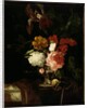 A Rose, and Iris, Lilac and other Flowers in an Auricular Silver Vase with a Snail and a Butterfly on a draped Ledge by Willem van Aelst