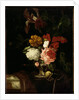 A Rose, and Iris, Lilac and other Flowers in an Auricular Silver Vase with a Snail and a Butterfly on a draped Ledge by Willem van Aelst