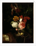 A Rose, and Iris, Lilac and other Flowers in an Auricular Silver Vase with a Snail and a Butterfly on a draped Ledge by Willem van Aelst