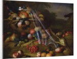 Mixed Fruit with a Monkey, a Parrot, a Jay and two Finches in a Landscape by Tobias Stranover