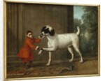 A Monkey wearing Crimson Livery dancing with a Poodle on the Terrace of a Country House by John Wootton
