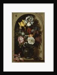 Irises, Roses, Lily of the Valley and other Flowers in a Glass Vase in a Niche, 1621 by Balthasar van der Ast