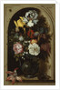 Irises, Roses, Lily of the Valley and other Flowers in a Glass Vase in a Niche, 1621 by Balthasar van der Ast