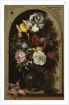 Irises, Roses, Lily of the Valley and other Flowers in a Glass Vase in a Niche, 1621 by Balthasar van der Ast