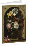 Irises, Roses, Lily of the Valley and other Flowers in a Glass Vase in a Niche, 1621 by Balthasar van der Ast