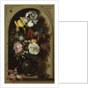 Irises, Roses, Lily of the Valley and other Flowers in a Glass Vase in a Niche, 1621 by Balthasar van der Ast