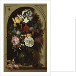 Irises, Roses, Lily of the Valley and other Flowers in a Glass Vase in a Niche, 1621 by Balthasar van der Ast
