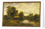 A River Landscape with an Angler by a Mill by Frederick Waters Watts