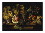 Still Life of Water Melon, Grapes, Plums, Peaches, Cherries and other Fruit on a Ledge by Abraham (follower of) Brueghel