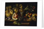 Still Life of Water Melon, Grapes, Plums, Peaches, Cherries and other Fruit on a Ledge by Abraham (follower of) Brueghel