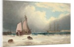 A barge running out of harbour, a frigate riding on her anchor beyond by David James