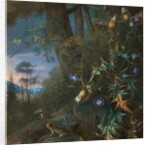 forest floor still life with a frog and a mushroom, mountains beyond by Matthias Withoos