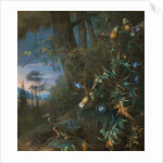 forest floor still life with a frog and a mushroom, mountains beyond by Matthias Withoos