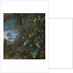 forest floor still life with a frog and a mushroom, mountains beyond by Matthias Withoos