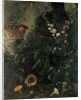 Hollyhocks, roses, a blue-lace flower, sunflower and toadstools, with marigolds in an urn by a tree by Matthias Withoos