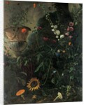 Hollyhocks, roses, a blue-lace flower, sunflower and toadstools, with marigolds in an urn by a tree by Matthias Withoos