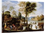 Italianate river landscape with poling boatman and woman with a basket of crabs, c.1604-05 by Domenichino