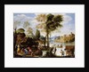 Italianate river landscape with poling boatman and woman with a basket of crabs, c.1604-05 by Domenichino