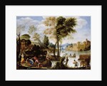 Italianate river landscape with poling boatman and woman with a basket of crabs, c.1604-05 by Domenichino
