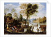 Italianate river landscape with poling boatman and woman with a basket of crabs, c.1604-05 by Domenichino