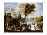 Italianate river landscape with poling boatman and woman with a basket of crabs, c.1604-05 by Domenichino