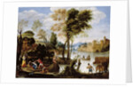 Italianate river landscape with poling boatman and woman with a basket of crabs, c.1604-05 by Domenichino
