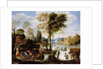 Italianate river landscape with poling boatman and woman with a basket of crabs, c.1604-05 by Domenichino