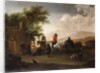 Travellers on horseback taking refreshment on a mountain pass, in an Italianate landscape by Gerrit Adriaensz Berckheyde