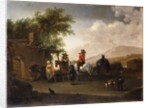 Travellers on horseback taking refreshment on a mountain pass, in an Italianate landscape by Gerrit Adriaensz Berckheyde
