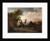 Travellers on horseback taking refreshment on a mountain pass, in an Italianate landscape by Gerrit Adriaensz Berckheyde