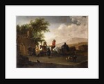 Travellers on horseback taking refreshment on a mountain pass, in an Italianate landscape by Gerrit Adriaensz Berckheyde