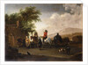 Travellers on horseback taking refreshment on a mountain pass, in an Italianate landscape by Gerrit Adriaensz Berckheyde