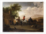 Travellers on horseback taking refreshment on a mountain pass, in an Italianate landscape by Gerrit Adriaensz Berckheyde