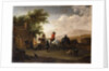 Travellers on horseback taking refreshment on a mountain pass, in an Italianate landscape by Gerrit Adriaensz Berckheyde