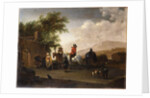 Travellers on horseback taking refreshment on a mountain pass, in an Italianate landscape by Gerrit Adriaensz Berckheyde