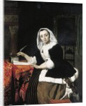 An elegant lady writing at her desk, with a dog beside her by Gabriel Metsu
