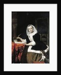 An elegant lady writing at her desk, with a dog beside her by Gabriel Metsu