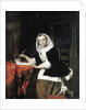 An elegant lady writing at her desk, with a dog beside her by Gabriel Metsu
